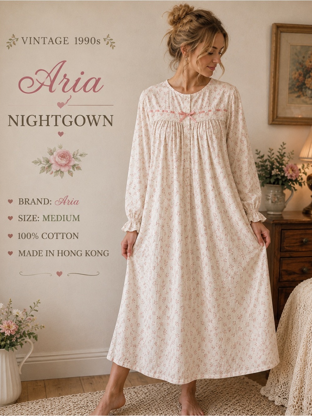 Vintage 90s Aria Cotton Cottagecore Prairie Nightgown Medium